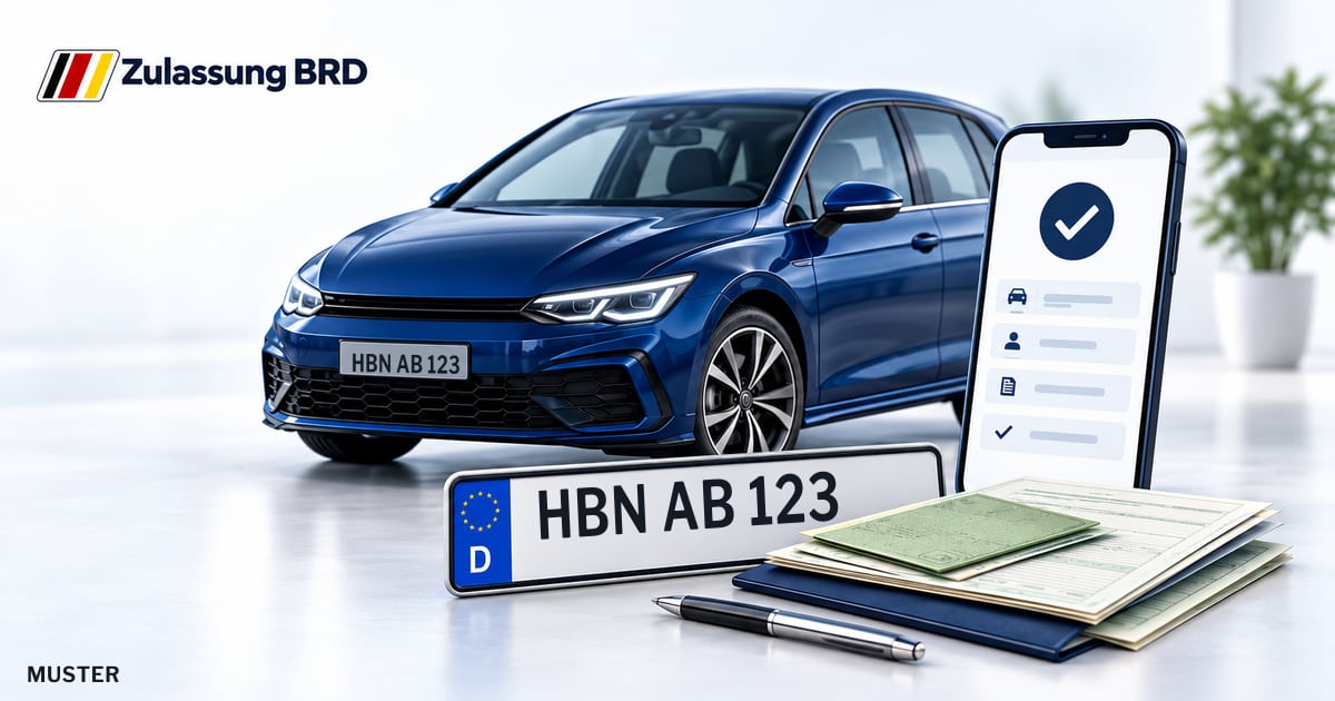 Online Fahrzeugzulassung in Landkreis Hildburghausen: Musterkennzeichen HBN AB 123, Auto und Fahrzeugpapiere und Smartphone. Illustration mit Logo von Zulassung BRD.